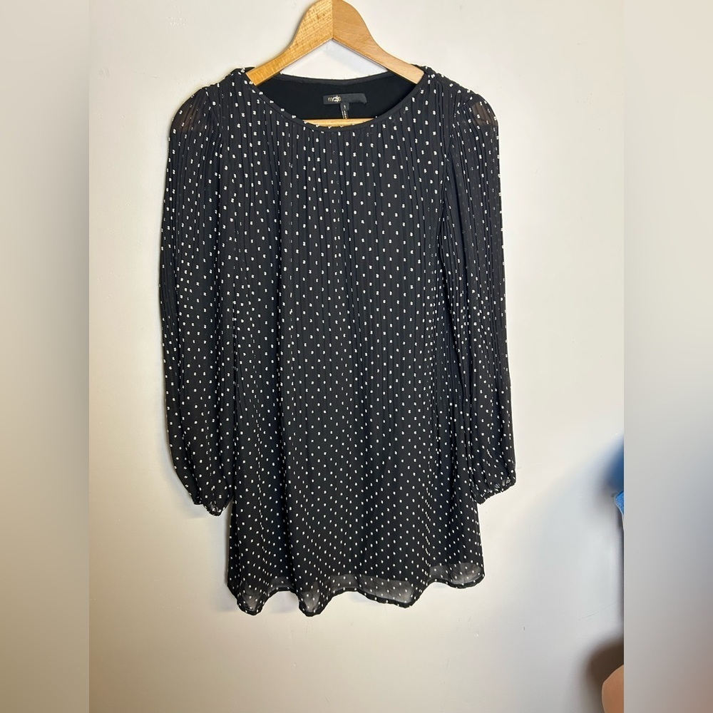 Maje Mini Dress Size 1/XS Black polka  Dots Long Sleeve Luxury Old Money pleated